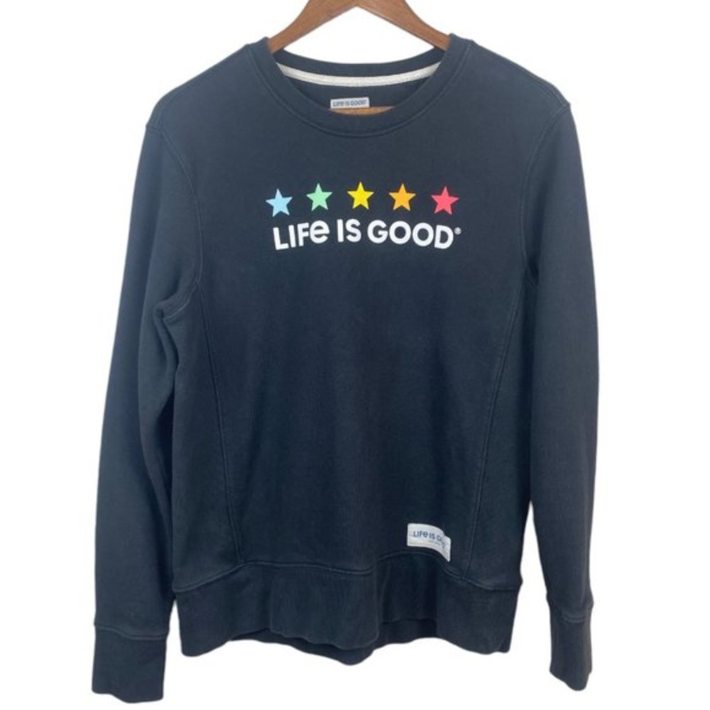 Life Is Good Sweatshirt Small Crewneck Black Stars Graphic Long Sleeve Casual